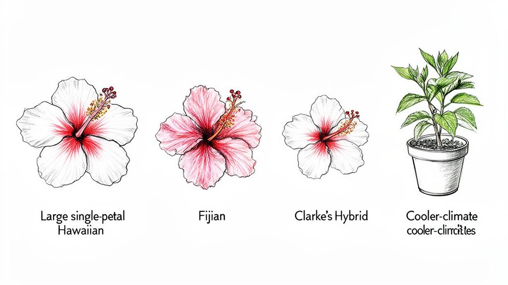 Illustration of three hibiscus flowers (Hawaiian, Fijian, Clarke's Hybrid) and a potted cooler-climate plant.