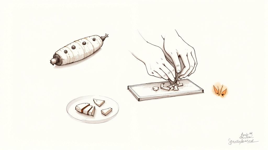 Detailed sketch showing hands chopping a root vegetable, with a whole piece and slices on a plate.