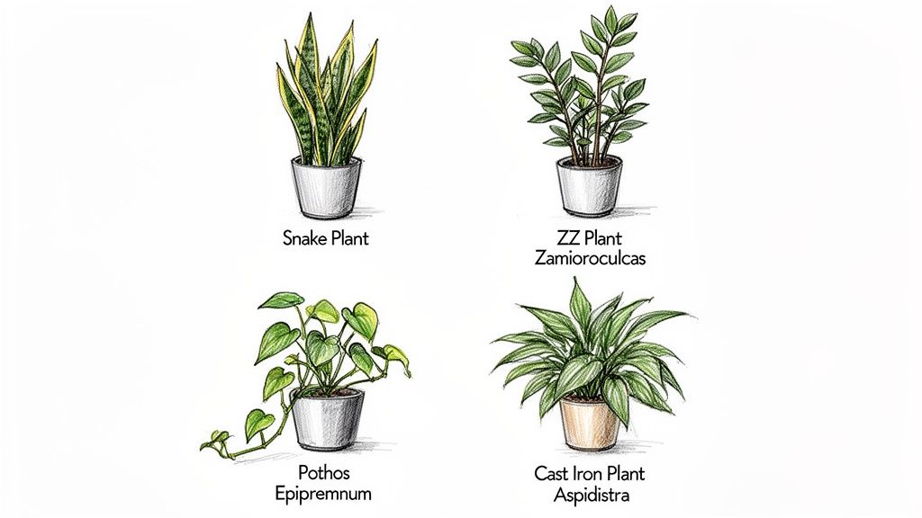 Four popular low-light houseplants: Snake Plant, ZZ Plant, Pothos, and Cast Iron Plant.