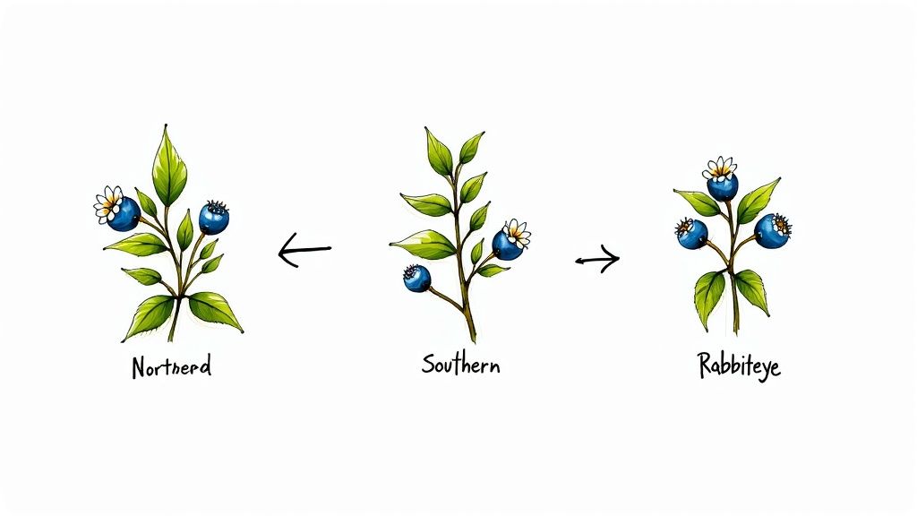 A close-up shot of a hand holding a cluster of ripe blueberries on the bush.