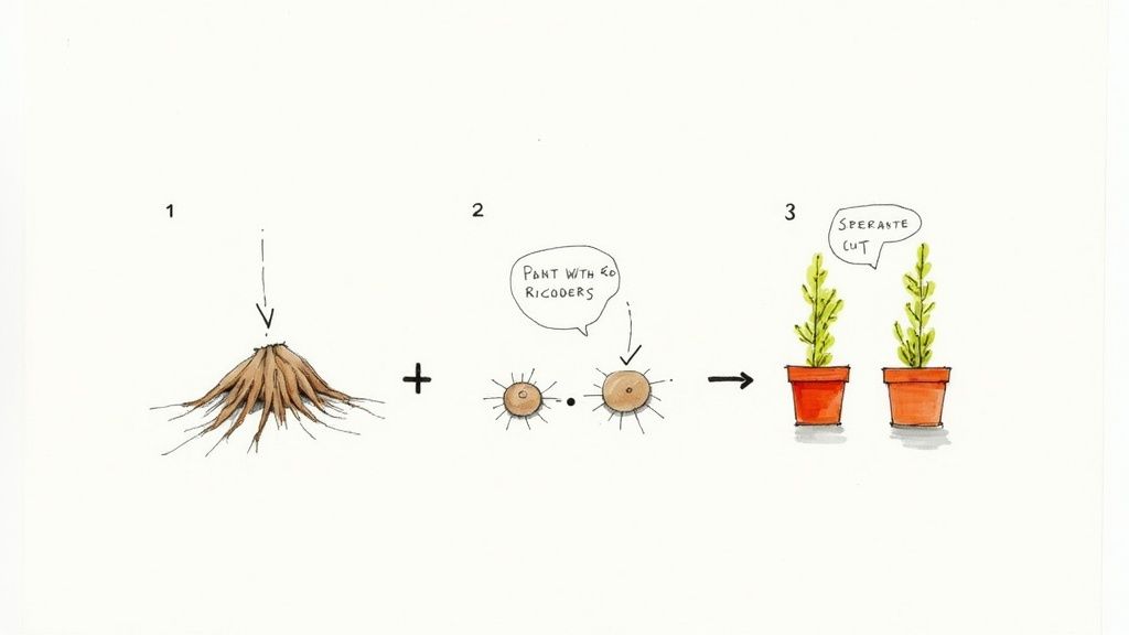 Illustrated guide showing the propagation of a plant, from a root ball to two potted plants.