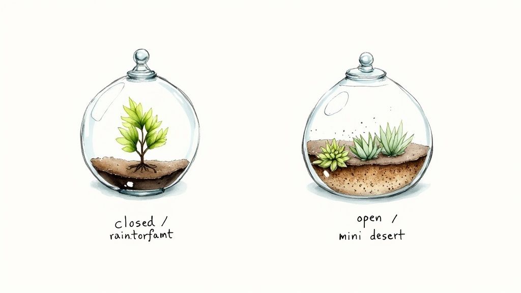 Comparison of closed rainforest terrarium and open mini desert terrarium in glass globes