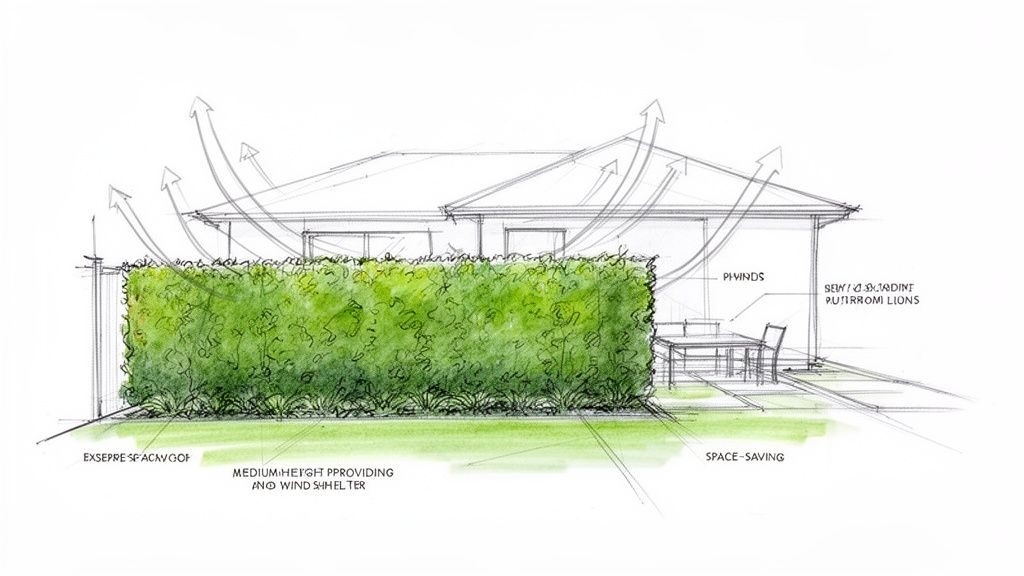 Architectural sketch showing a green hedge in front of a house, illustrating wind shelter and space-saving design.