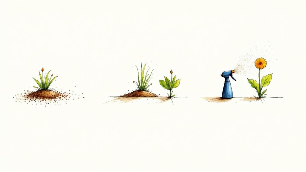 A person applying granular fertiliser to a vegetable garden bed.