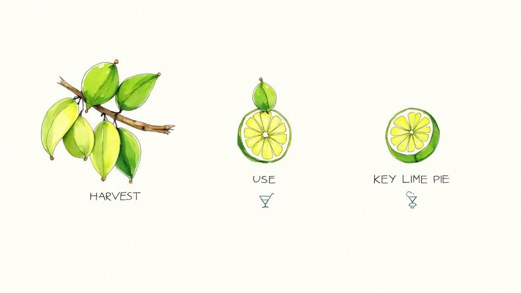 Watercolor illustration showing the harvest, uses, and key lime pie applications of limes.