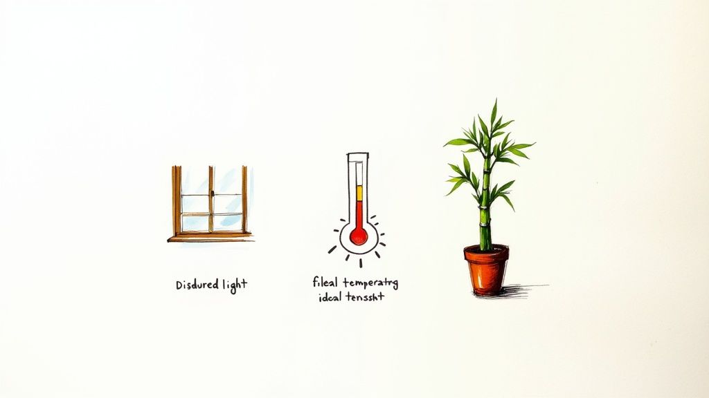 A healthy lucky bamboo plant in a bright, indirectly lit room.