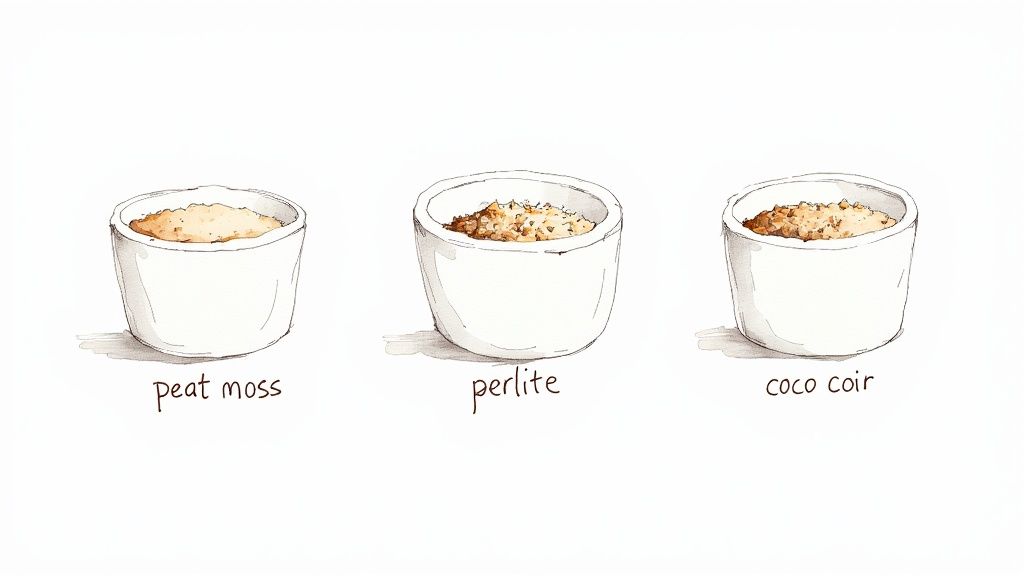 A close-up view of various indoor potting mix ingredients like perlite, bark, and coco coir.