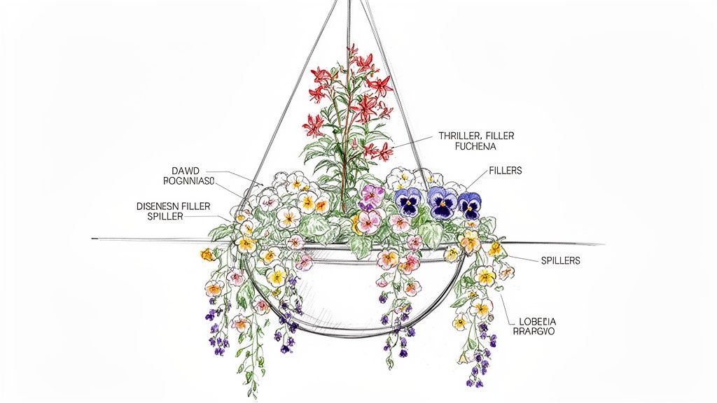 A labeled sketch of a hanging flower basket showcasing thriller, filler, and spiller plants with various species.