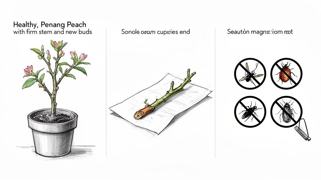 Three panels illustrating a healthy Penang Peach plant, a stem cutting for propagation, and icons for pest prevention.