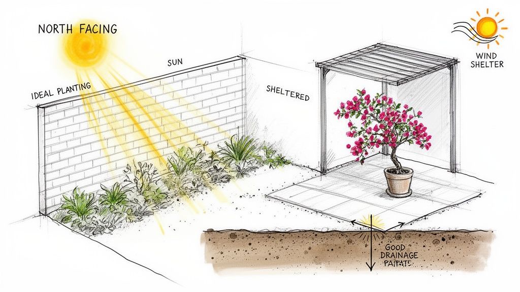 An illustration of ideal bougainvillea planting, showing north-facing sun, wind shelter, and good soil drainage.