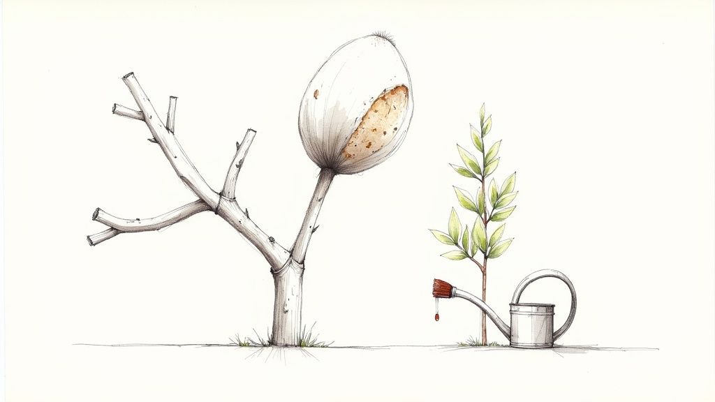 A person examining the branches of a feijoa tree, looking thoughtful.