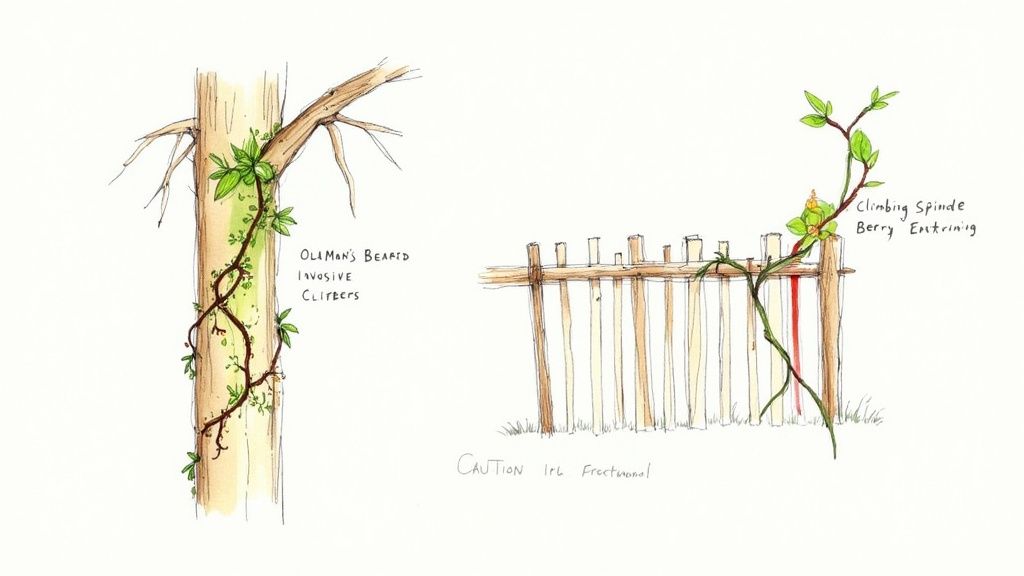 An overgrown wall covered in the invasive Old Man's Beard climber.