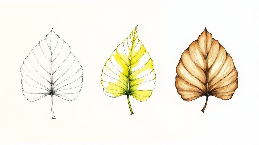 A person inspecting the leaves of a Monstera deliciosa plant for problems.