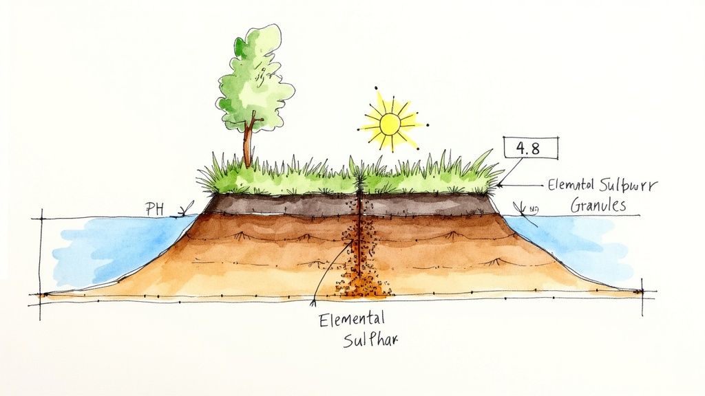 A close-up of rich, dark soil with a hand holding a hand-held pH testing strip showing an acidic reading.