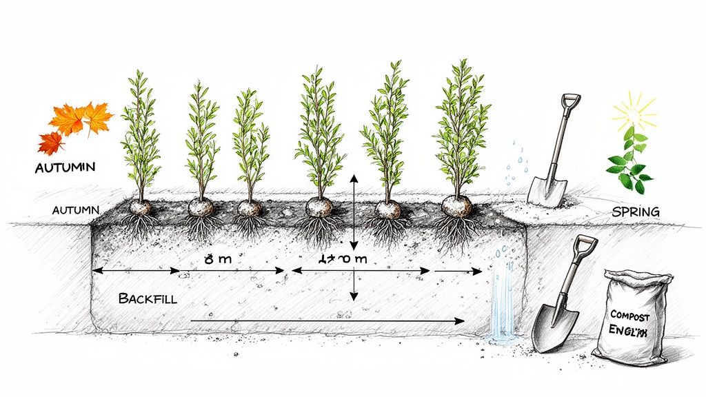 Diagram illustrating autumn planting of hedging plants in a trench, showing soil, roots, compost, and tools.