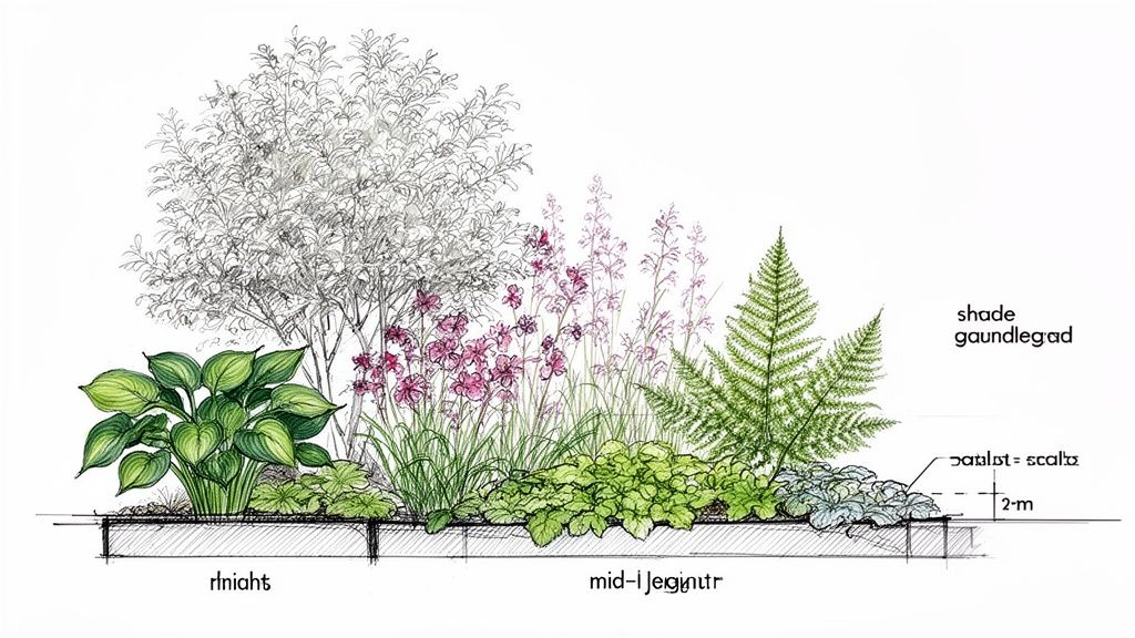 Detailed illustration of a lush shade garden design featuring diverse plants, ferns, hostas, and pink flowers.