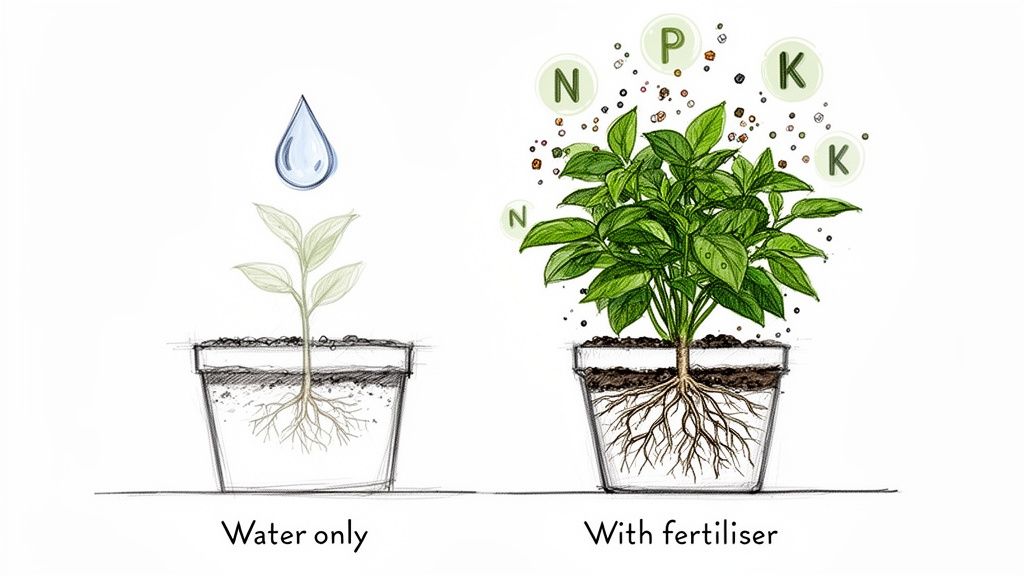 A comparison showing a small plant with water only versus a large, healthy plant with fertiliser.