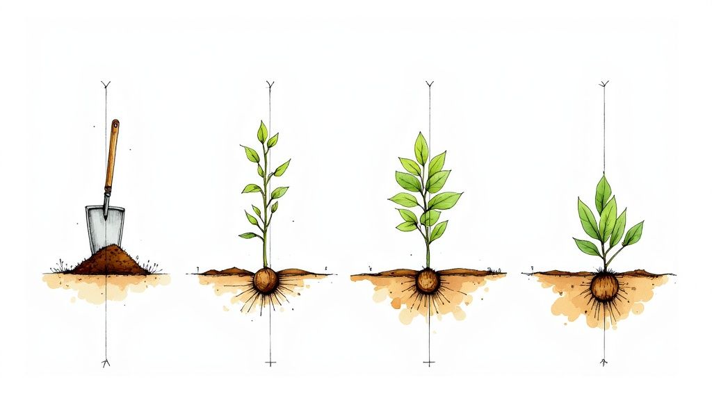 A person wearing gardening gloves carefully planting a small hedging plant into prepared soil.