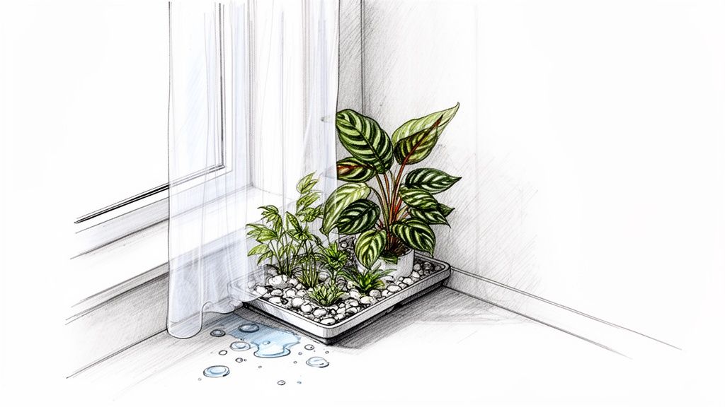 A vibrant watercolor sketch showing a Calathea Ornata and other potted plants by a window, with water spilled on the floor.