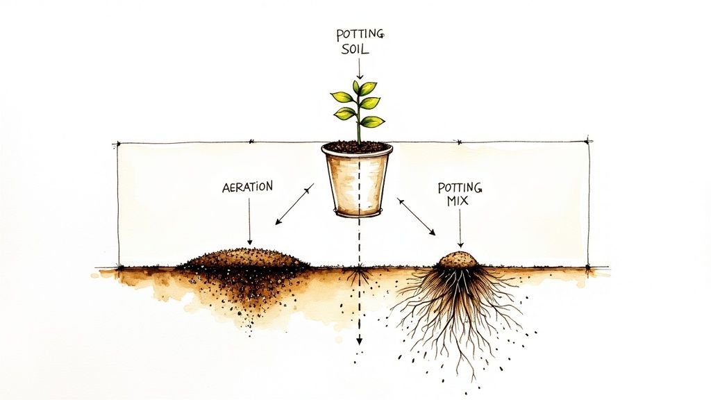 Cross-section diagram showing potting soil, aeration, and potting mix root development comparison