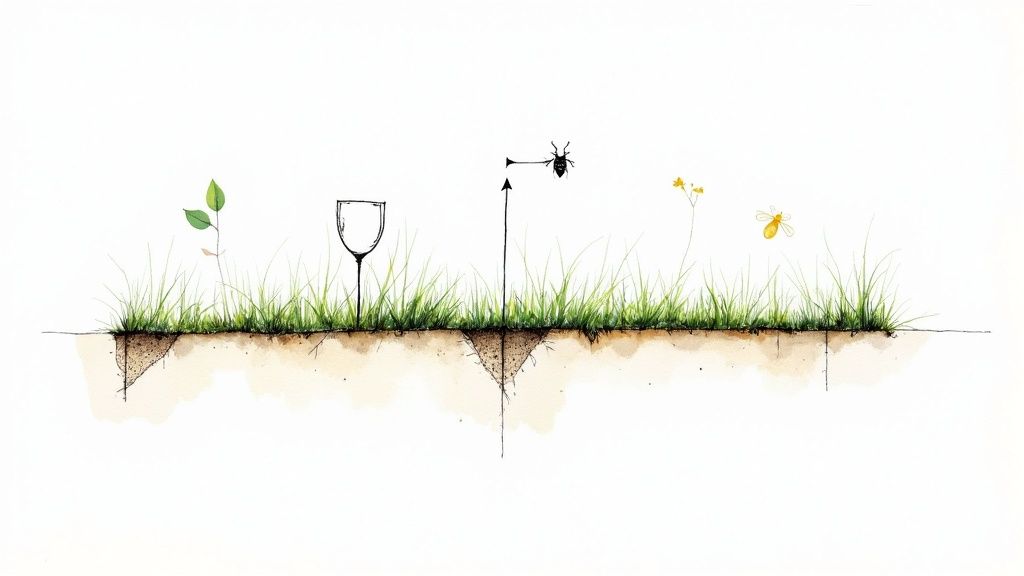 Lush green ground cover plants spreading across a garden bed, with small flowers blooming.