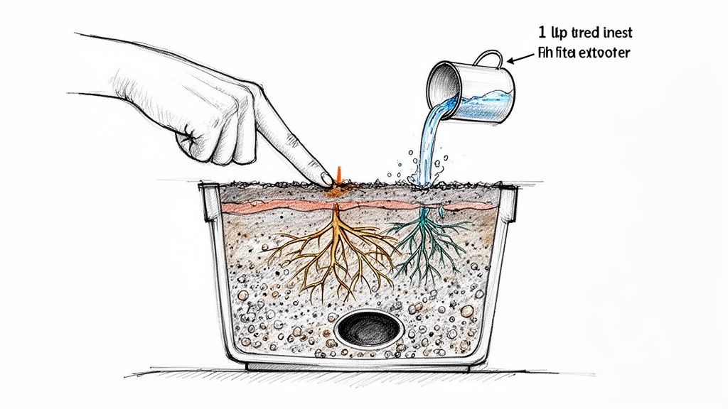 A cross-section of a plant pot showing roots, a hand, and water being poured.