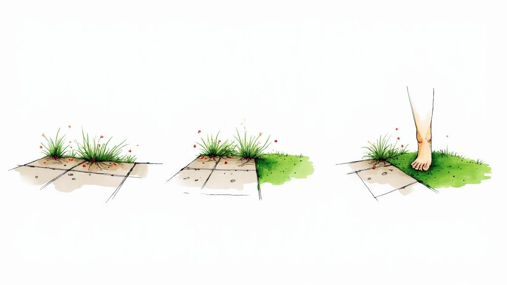 Three panels illustrate weeds growing in pavement cracks, transforming into lush grass, and a bare foot steps onto it.