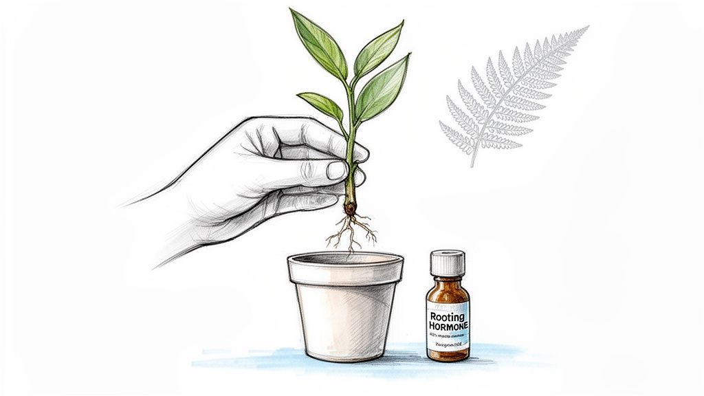 A hand holds a plant cutting with visible roots above a pot, beside a rooting hormone bottle.