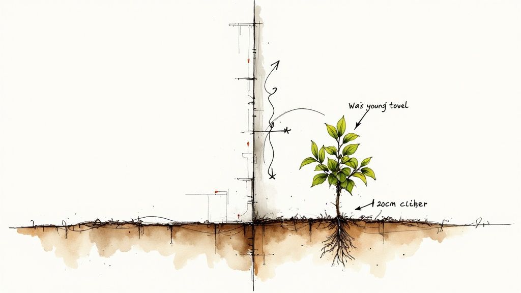 Two hands planting a small climbing plant against a wooden trellis.