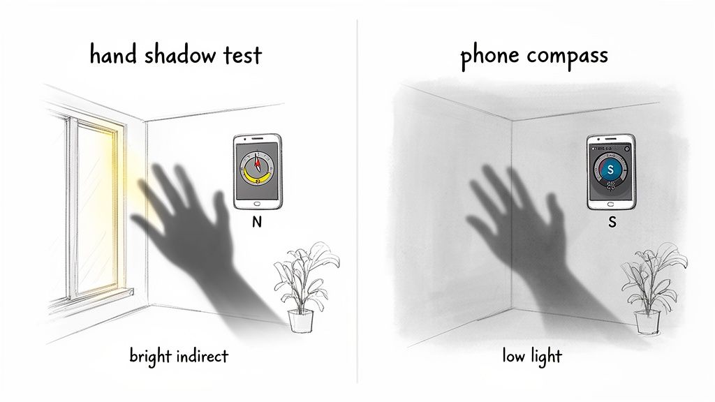 Illustration comparing hand shadow test and phone compass to determine light direction for houseplants.