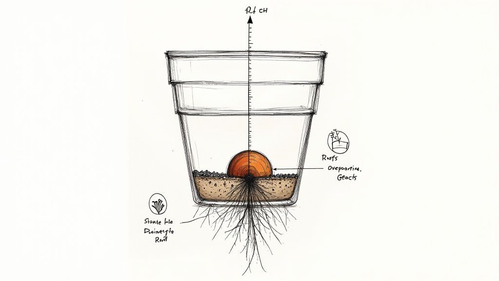 A person's hands are shown repotting a small green plant into a slightly larger terracotta pot, demonstrating proper sizing.
