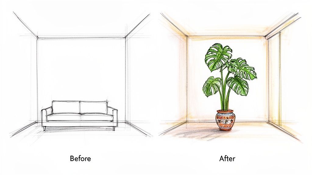 Two sketches comparing a minimal room with a couch (before) and a large potted Monstera plant (after).