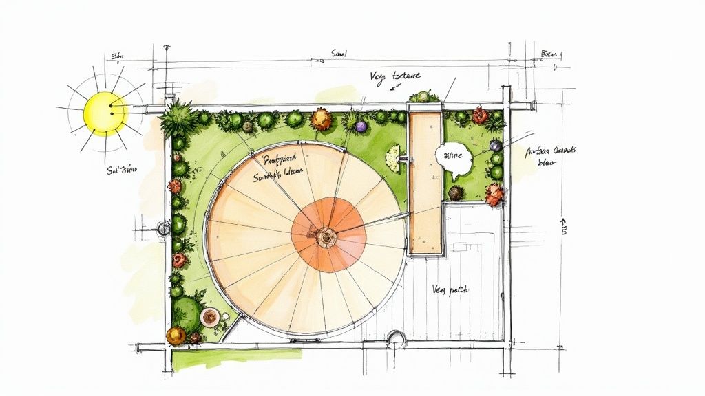 Person sketching a garden design on a clipboard in an outdoor setting.