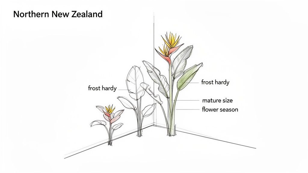 Sketch of Bird of Paradise plants showing growth stages with labels for frost hardiness and Northern New Zealand.