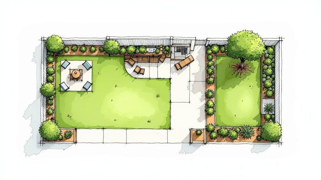 A thoughtfully designed New Zealand garden with layered plants, stone steps, and a seating area.