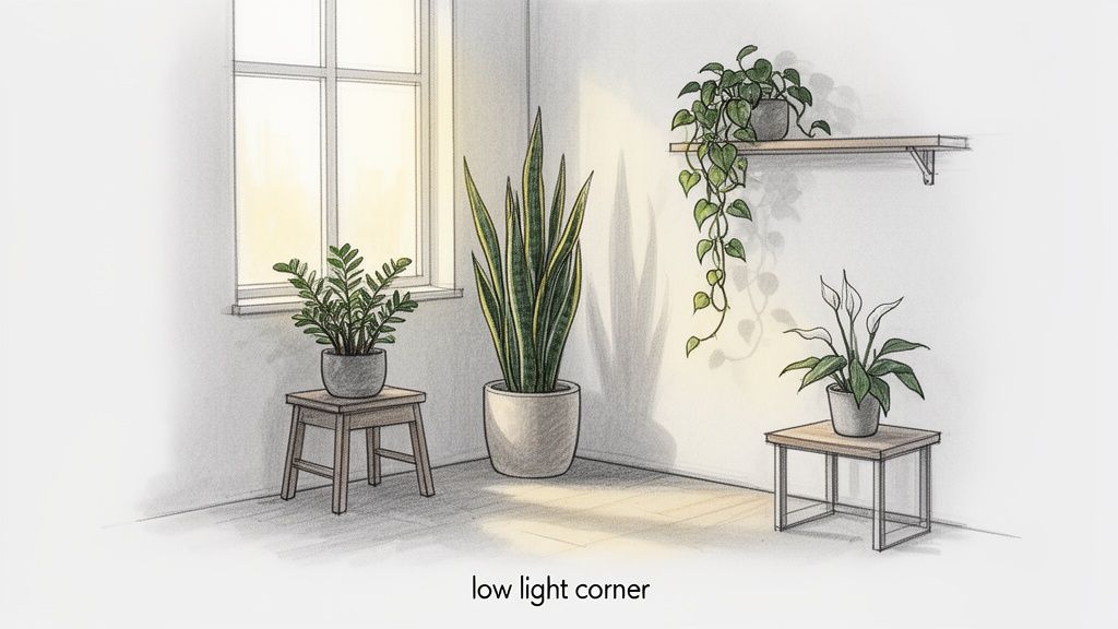 A cozy, sunlit corner featuring a window and several potted low-light houseplants on various stands and a shelf.