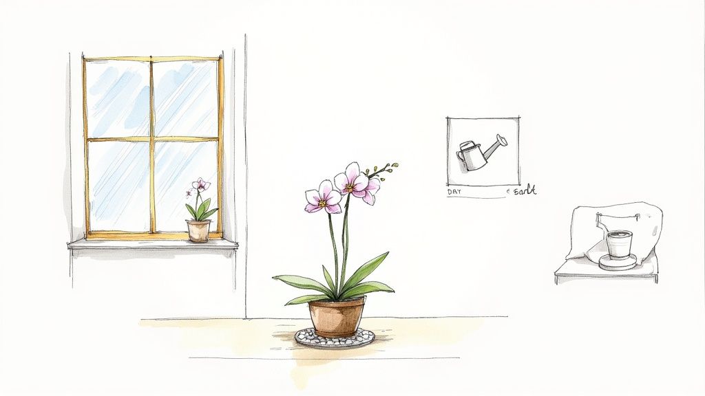 A watercolor illustration demonstrating indoor orchid care, featuring plants by a window, a watering can, and care instructions.