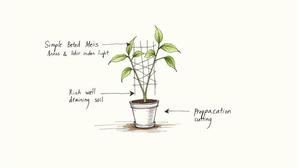 A hand-drawn illustration of a potted Betel Meiis plant with a trellis, rich soil, and propagation cutting instructions.