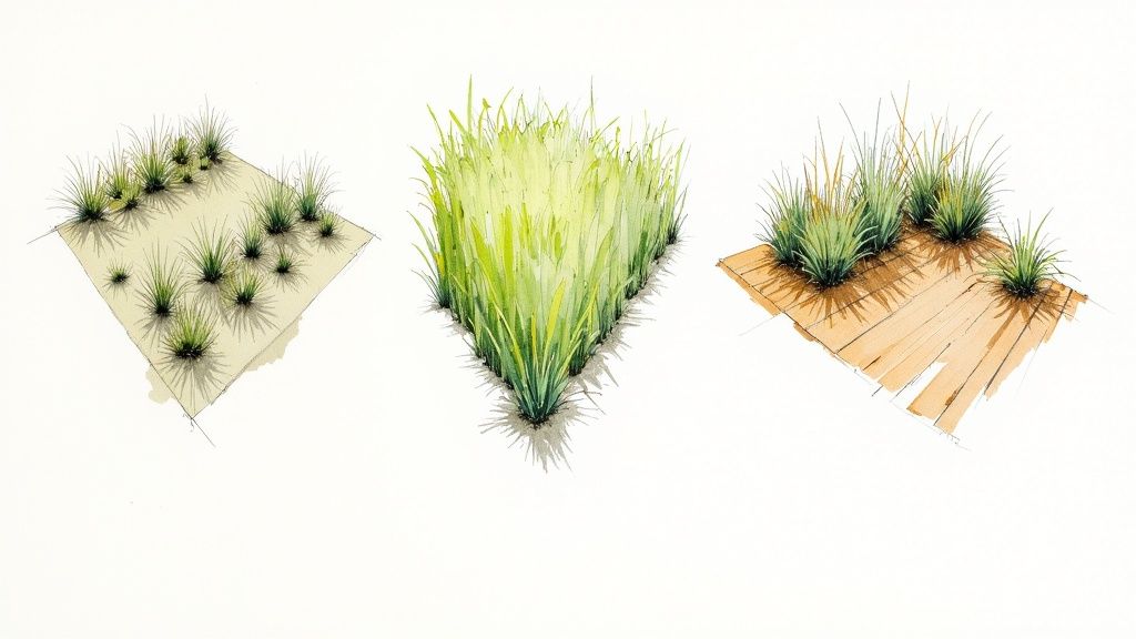 A modern garden design featuring structured rows of New Zealand native grasses beside a path.