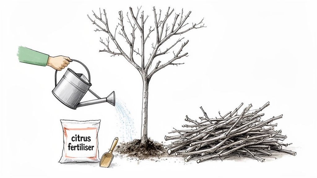 A hand waters a pruned tree, with citrus fertilizer, a shovel, and a pile of cut branches.