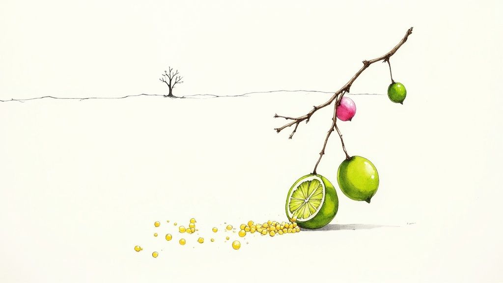 Watercolor illustration of green finger limes on branch with cross-section showing yellow caviar-like pearls