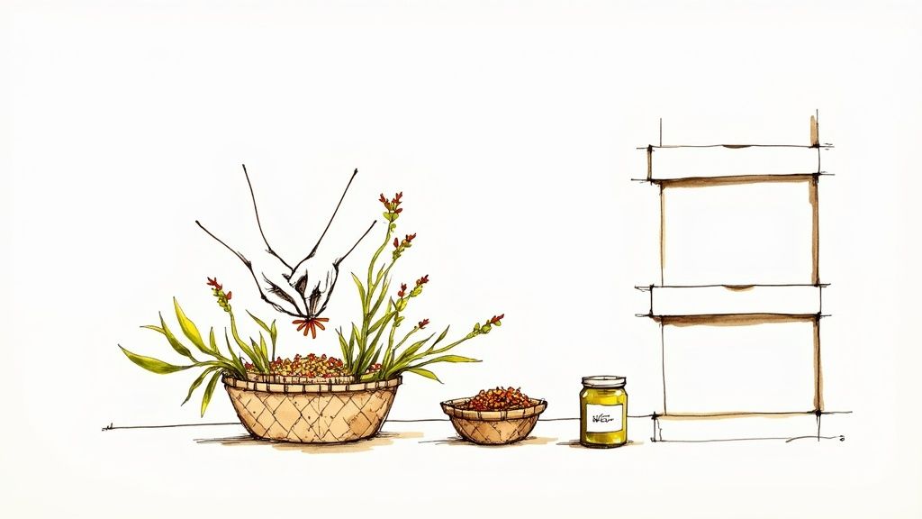 Hands harvesting red flower parts from a plant in a woven basket, next to a spice bowl and jar.