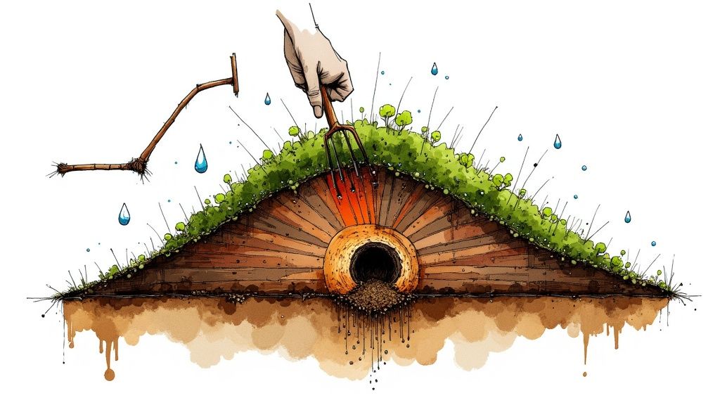 A person layering brown leaves and green kitchen scraps into a wooden compost bin.