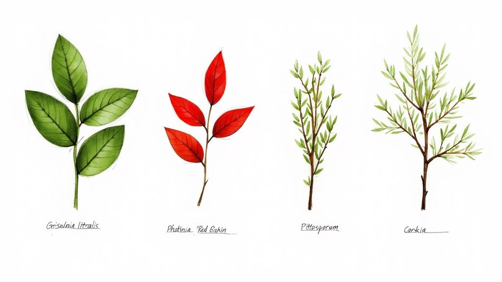 A close-up of the glossy, vibrant green leaves of a Griselinia littoralis hedge.