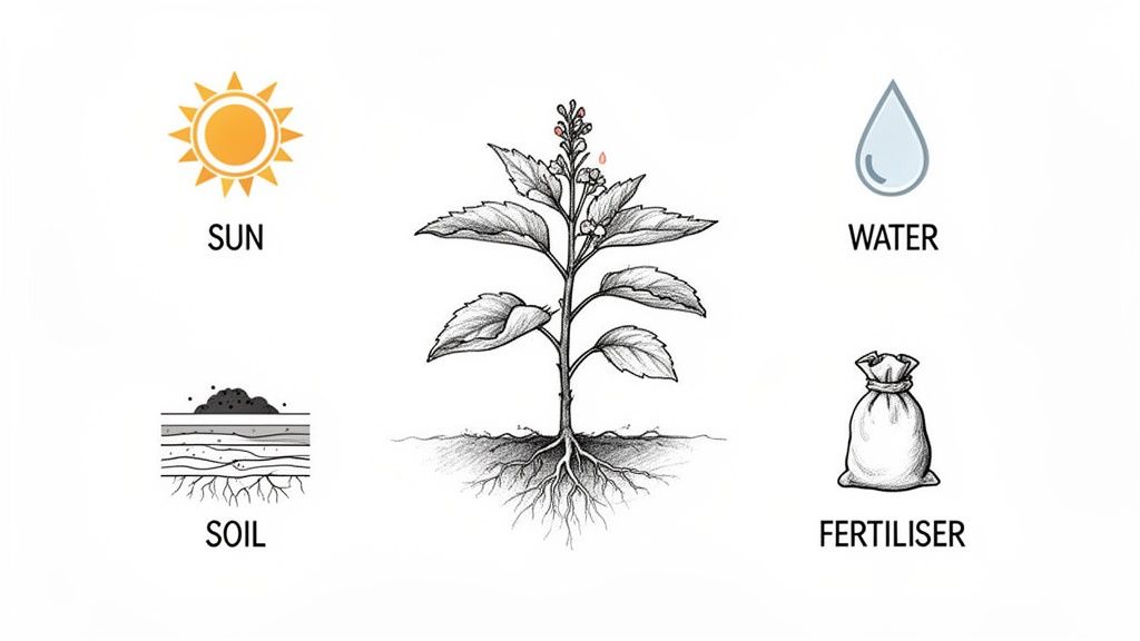 Illustration of a plant showing its roots, surrounded by icons for sun, water, soil, and fertilizer.