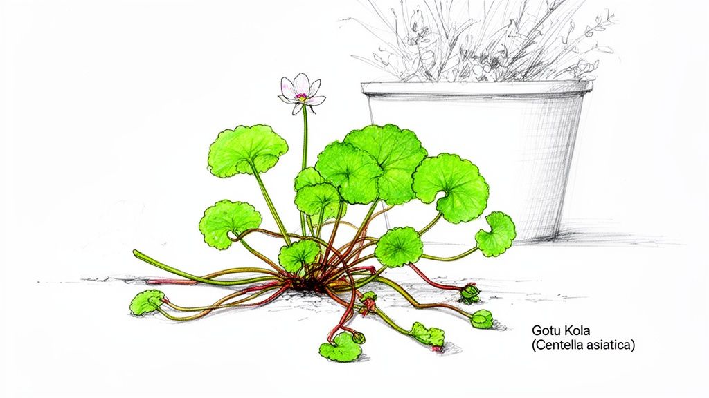 Detailed illustration of Gotu Kola (Centella asiatica) plant with vibrant green round leaves and a delicate white flower.