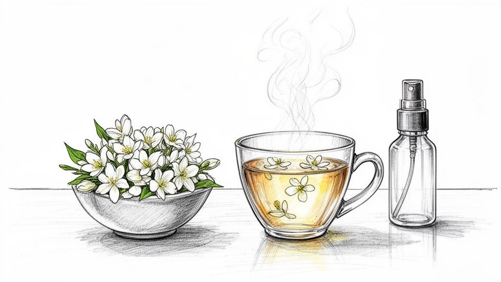 A detailed illustration of fresh jasmine flowers in a bowl, a steaming cup of jasmine tea, and a clear spray bottle.