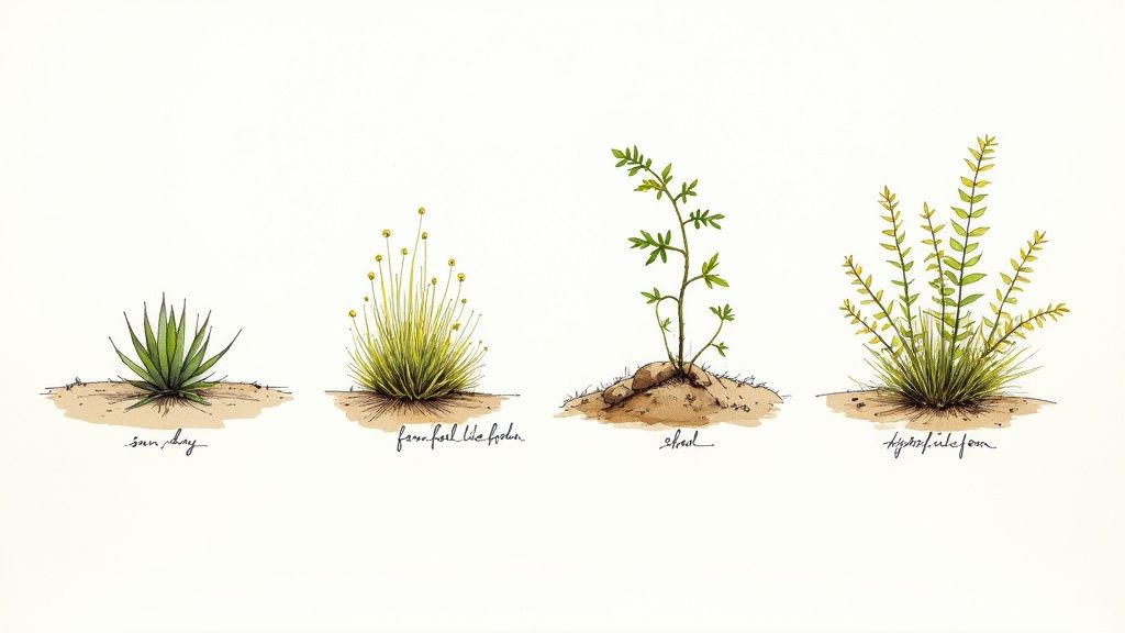 A mix of different ground cover plants in a garden, showing varied textures and colours.