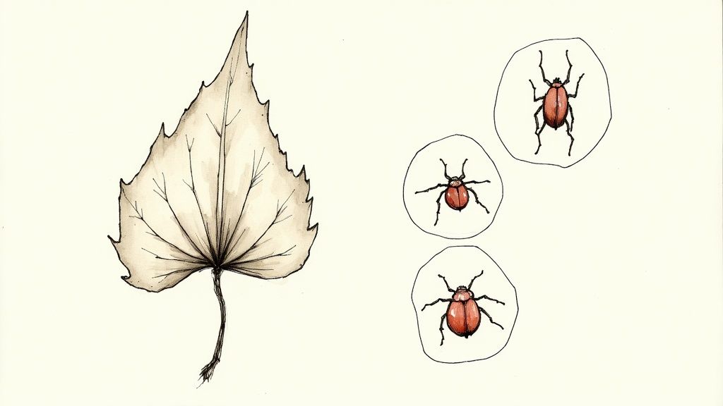A close-up of a Fiddle Leaf Fig leaf with a brown spot, indicating a common plant problem.