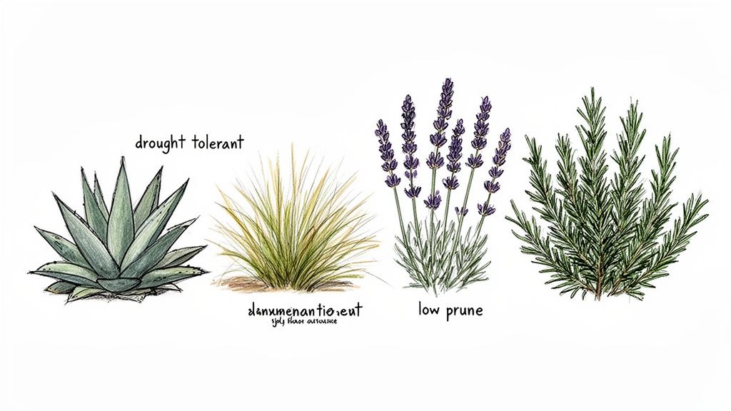 Illustration of four low-maintenance plants: agave, ornamental grass, lavender, and rosemary with text.